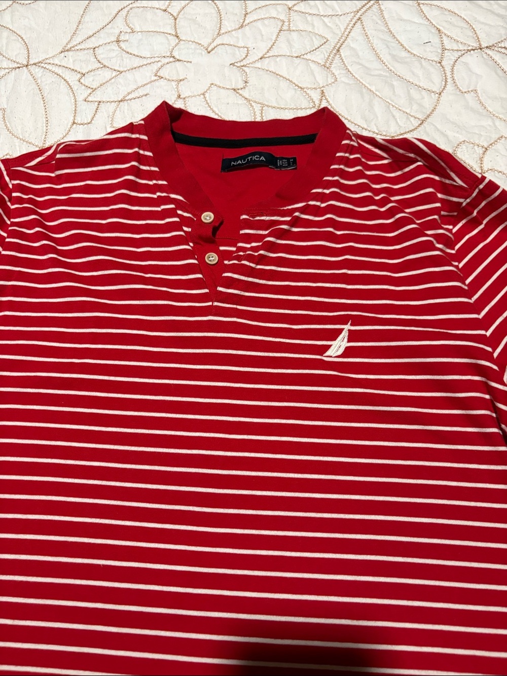 Nautica Red & White Striped Henley Polo Shirt